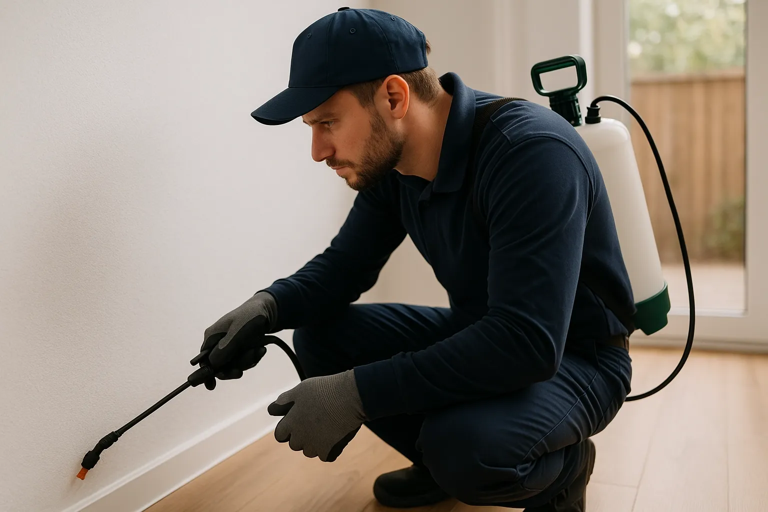 Licensed technician inspecting entry points at a residential property