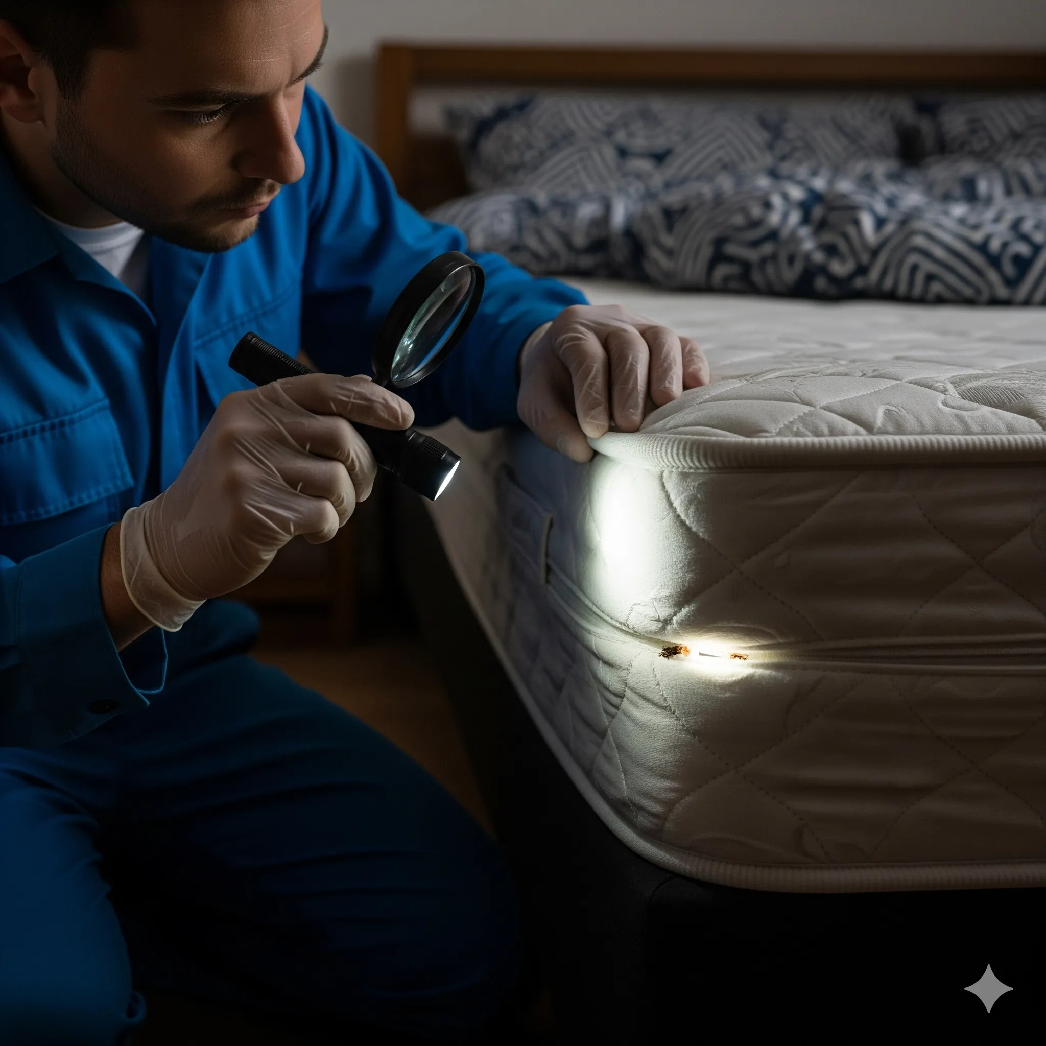 Licensed technician inspecting a mattress seam for signs of bed bugs
