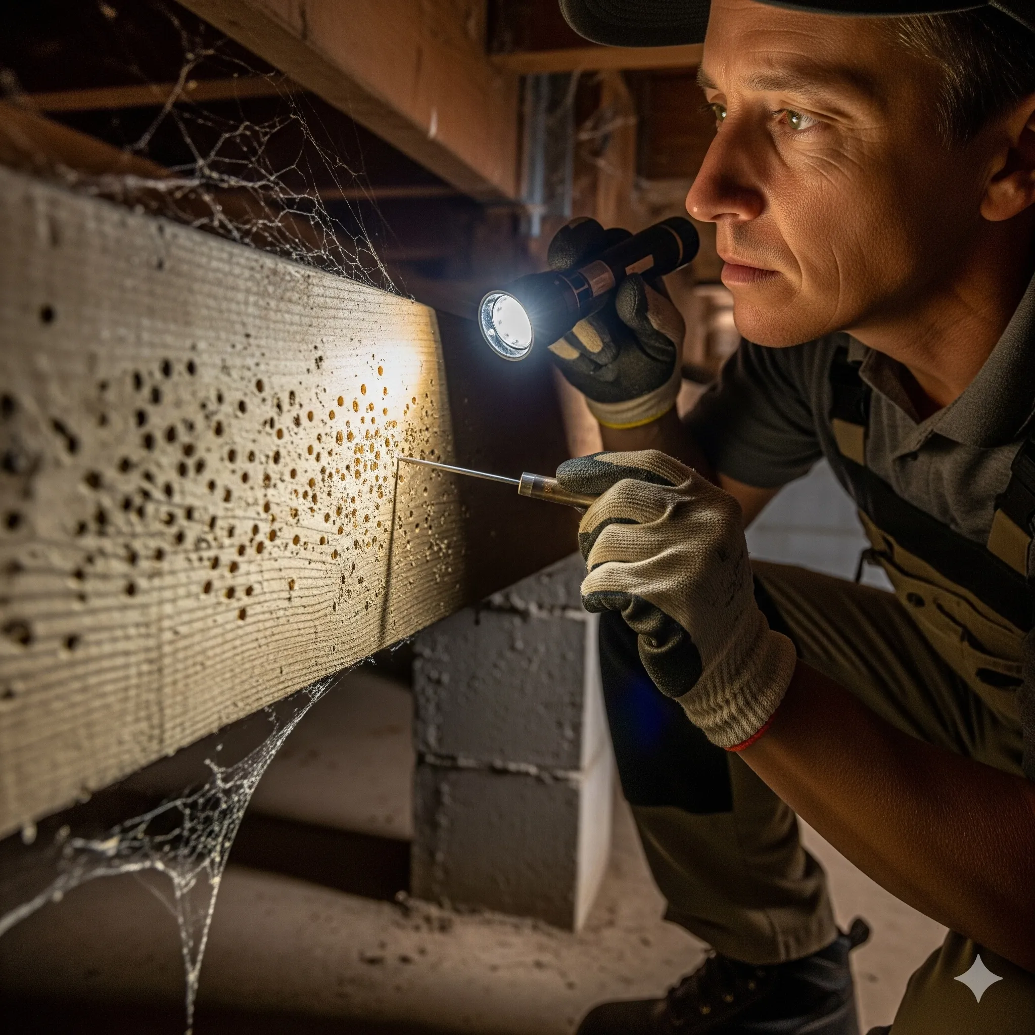 Timber pest inspector examining a structural beam for borer damage with a torch