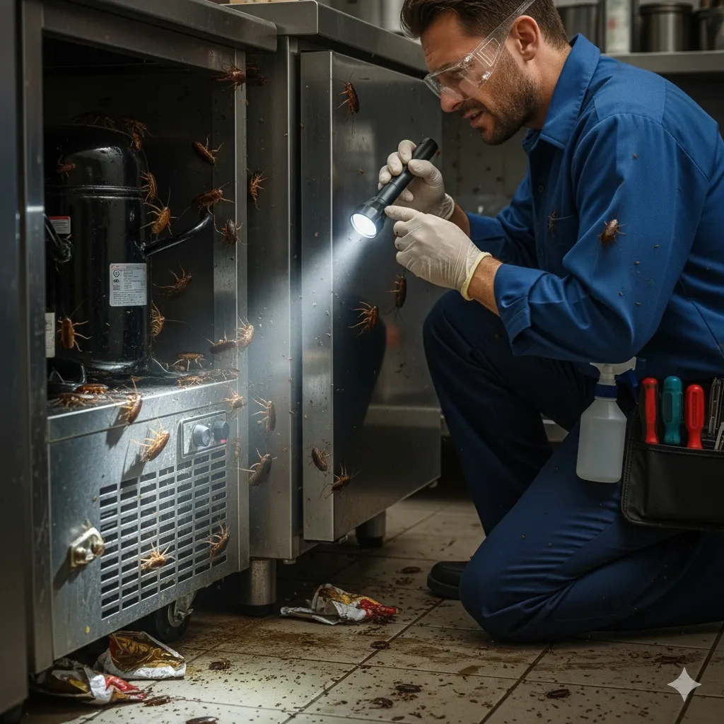 Licensed technician inspecting behind a fridge for a cockroach infestation