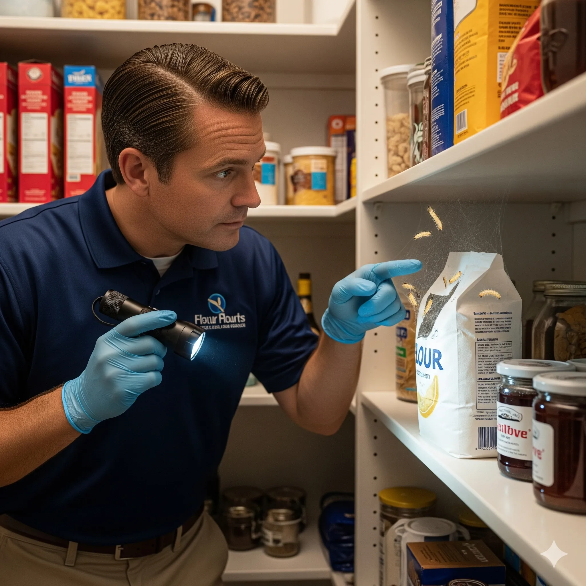 Technician inspecting a pantry for signs of pantry moth larvae and webbing