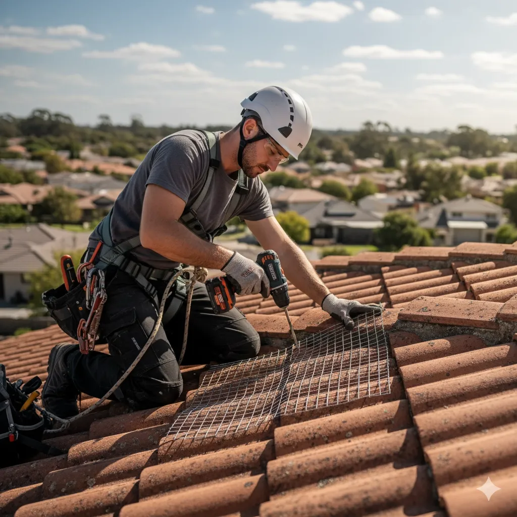 Technician installing mesh over a roof tile to proof it against possum entry