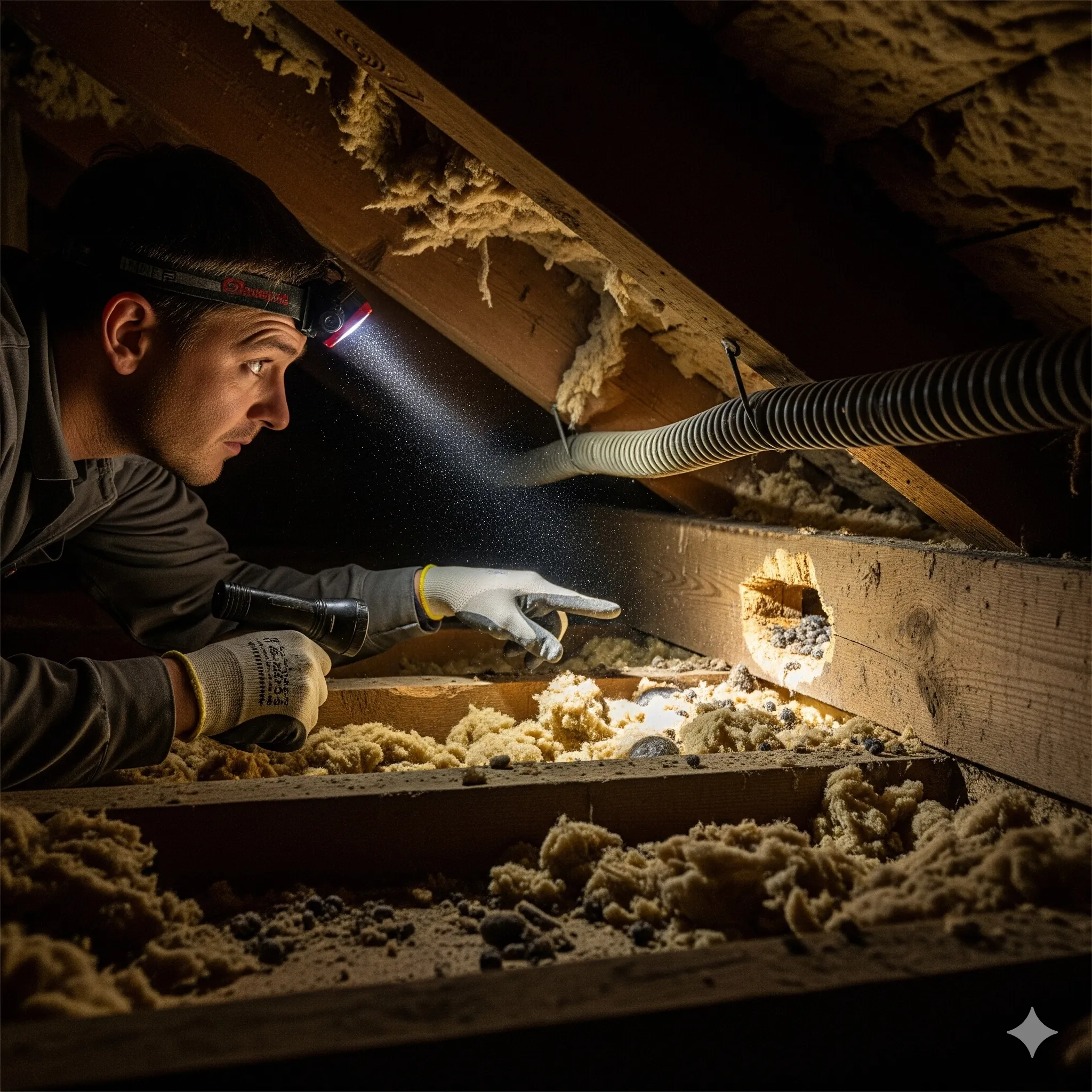 Technician inspecting a roof void for signs of a rat infestation and entry points