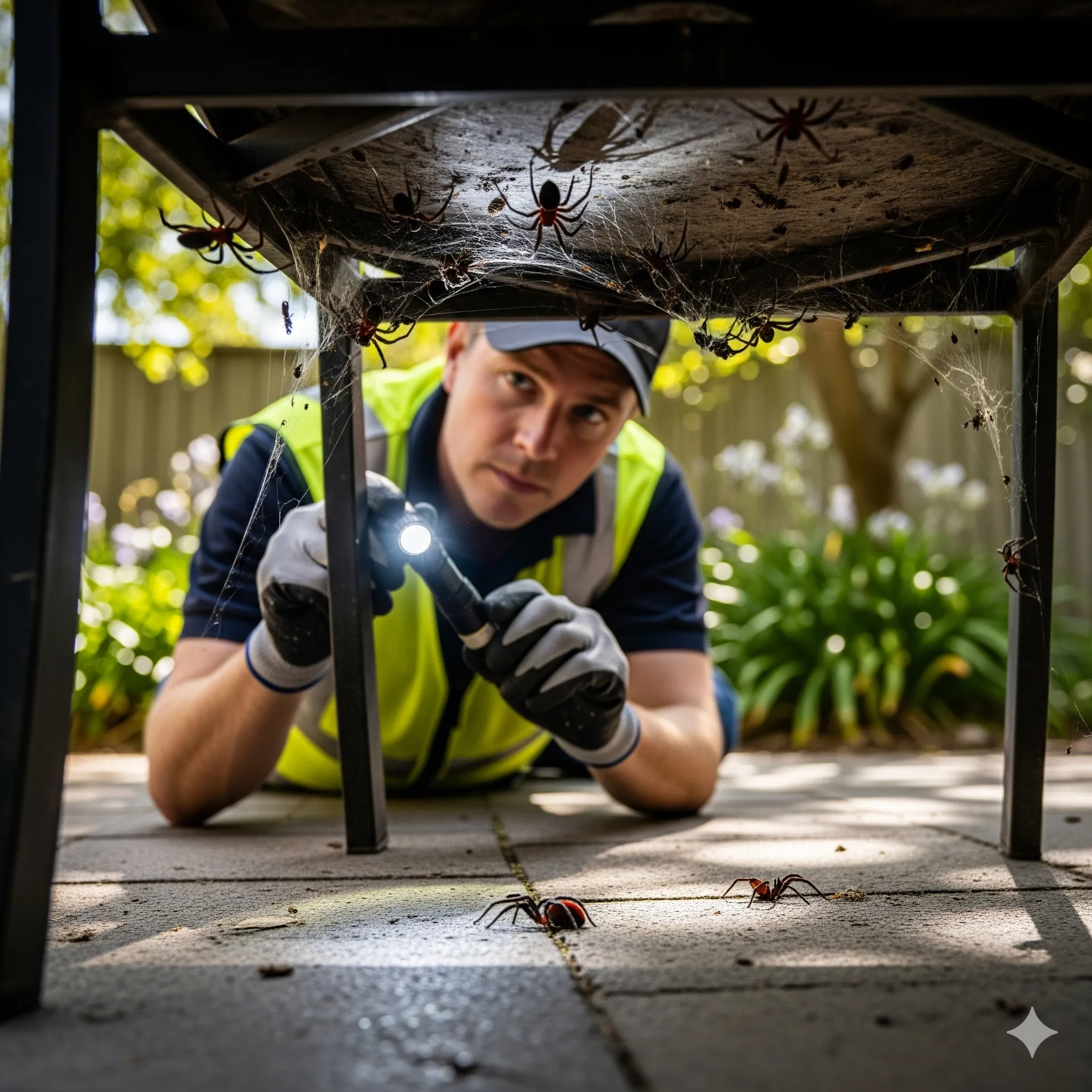 Technician inspecting for redback spiders under an outdoor chair