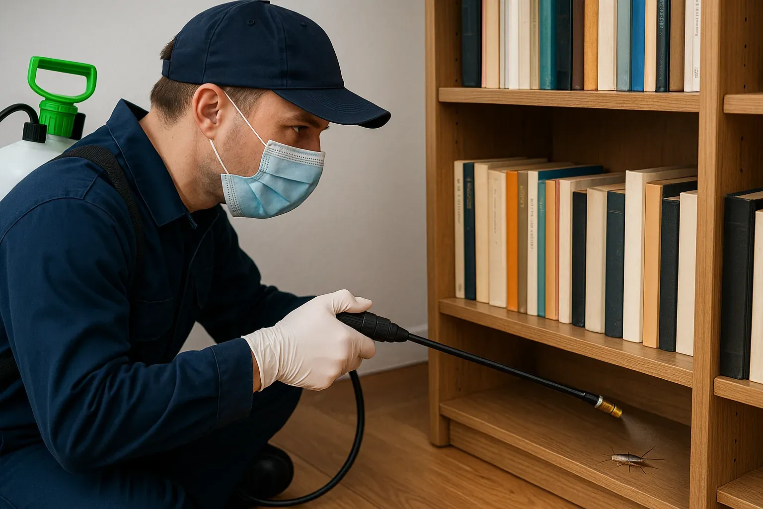 Technician applying a targeted silverfish treatment to a bookshelf in a Sydney home