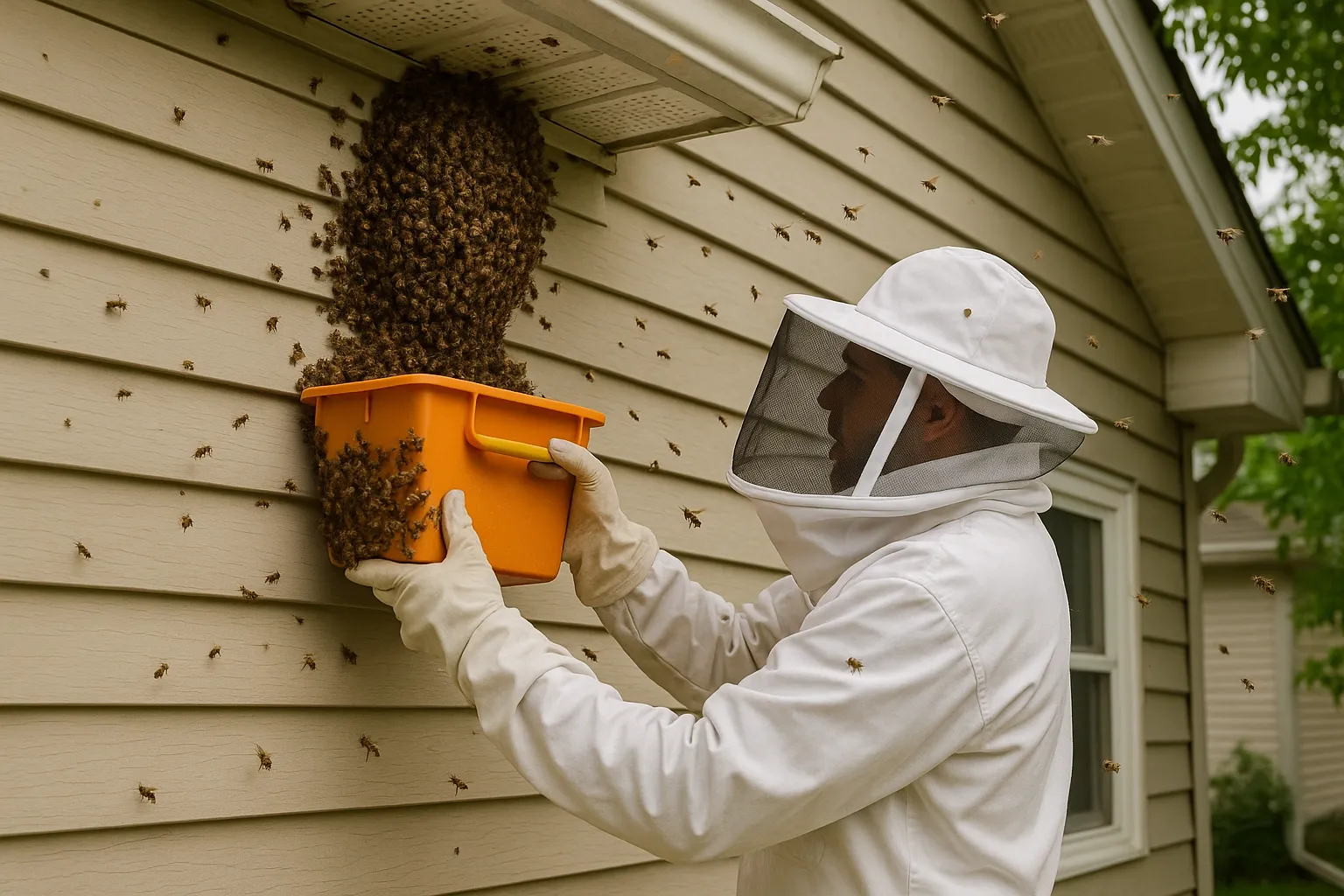 Professional beekeeper safely removing a honeybee swarm from a house