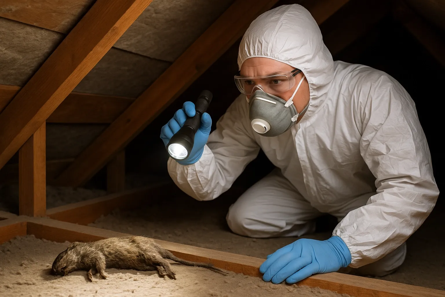 Technician in protective gear inspecting a roof void for a dead animal