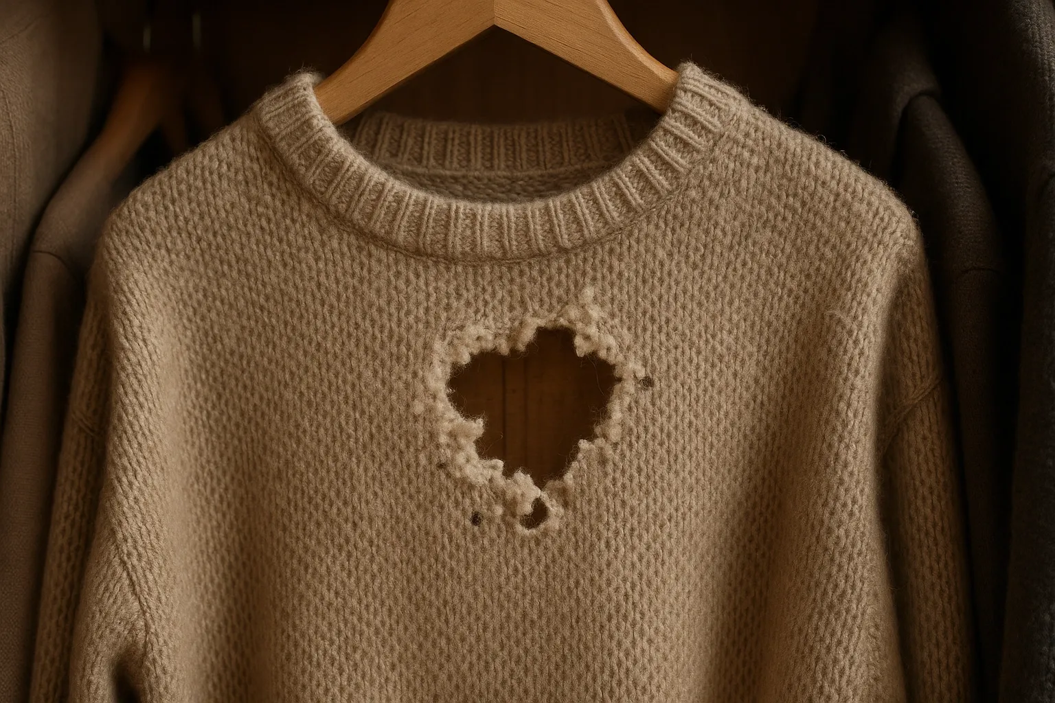 Close-up of moth damage on a woolen sweater in a wardrobe